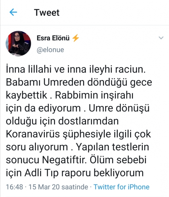 esra elönü nün umreden dönen babasının ölmesi