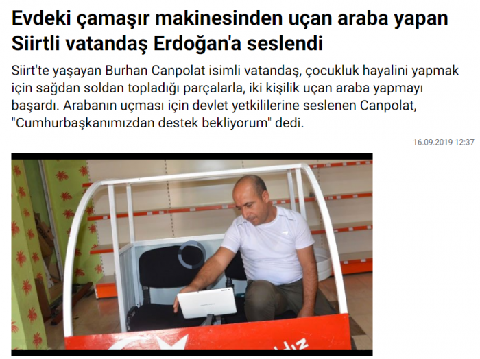 çamaşır makinesinden uçan araba yapan adam