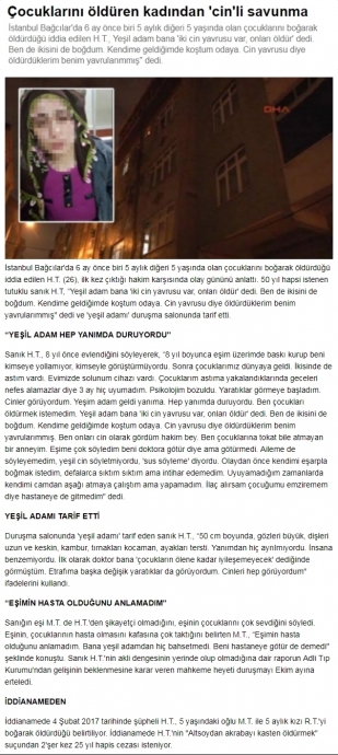 çocuklarını öldüren kadının yaptığı cin li savunma