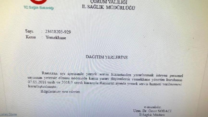 çorum sağlık müdürünün öğle yemeğini kaldırması