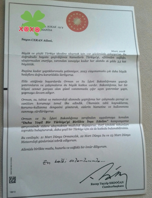 cumhurbaşkanından gelen doğa dostu mektup