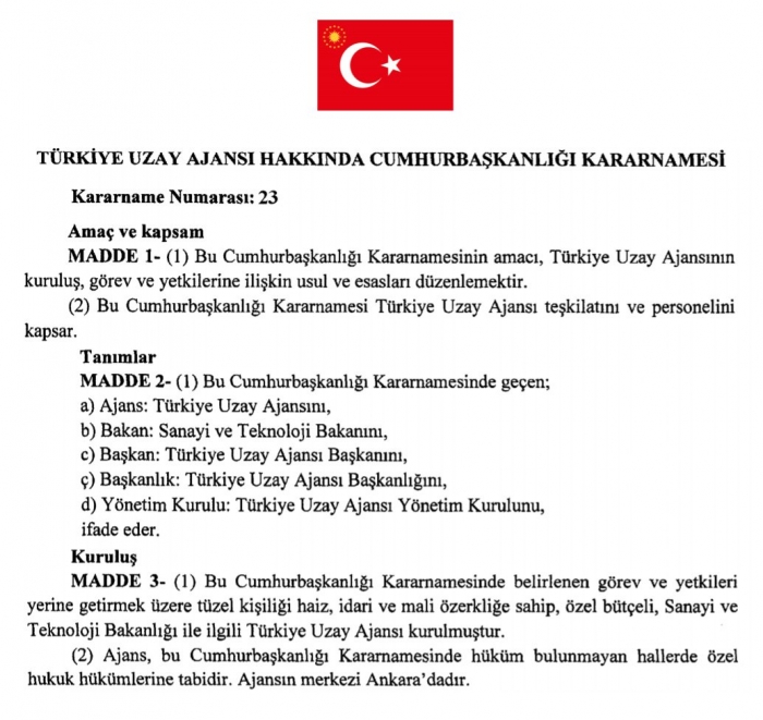 uzay ajansı kurulması hk cb kararnamesi