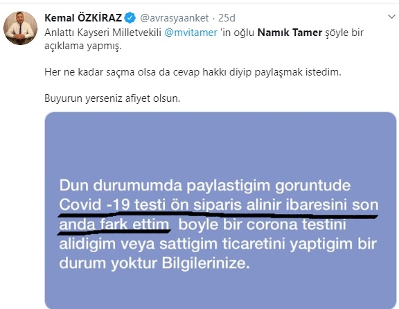 internette covid19 test kiti satan vekil çocuğu
