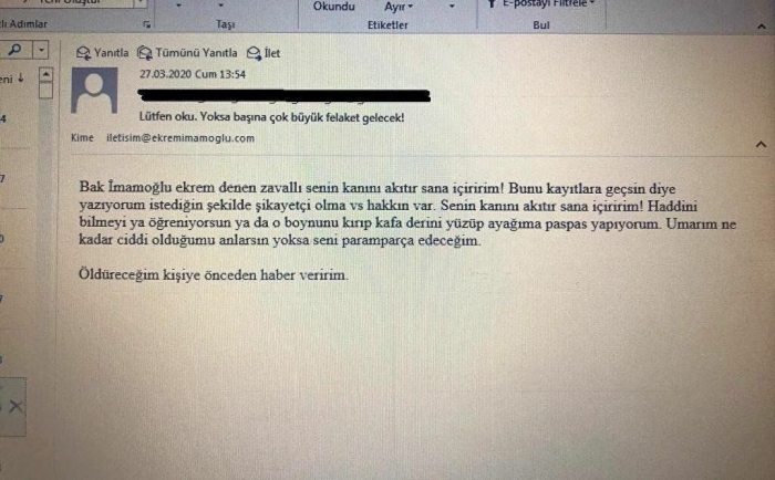 imamoğlu na gönderilen tehdit dolu e posta mesajı