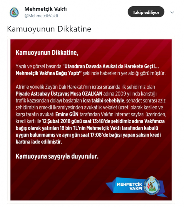 mehmetçik vakfından avukata tarihi ayar