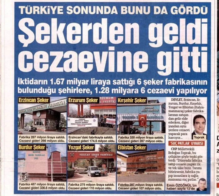şeker fabrikaları satılan şehirlere cezaevi yapmak
