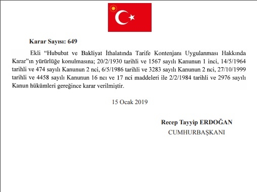 16 ocak 2019 hububat ithalatı kararı