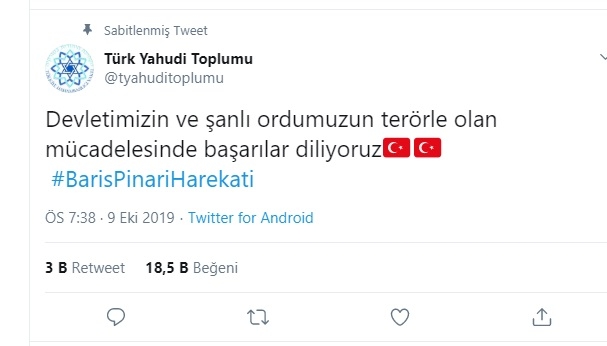 türk yahudi cemaatinin barış pınarı tweeti