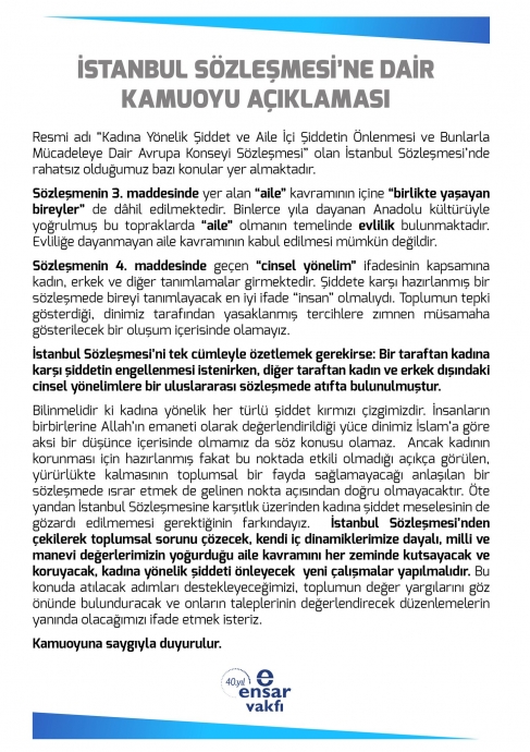 ensar vakfı nın istanbul sözleşmesi açıklaması