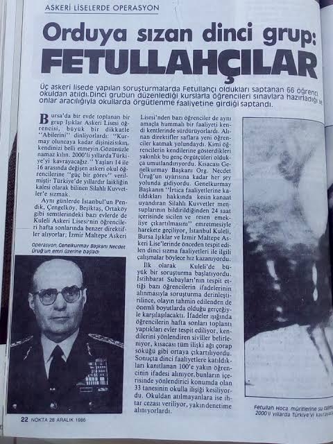 1986 yılında orduda yapılan fetö temizliği haberi