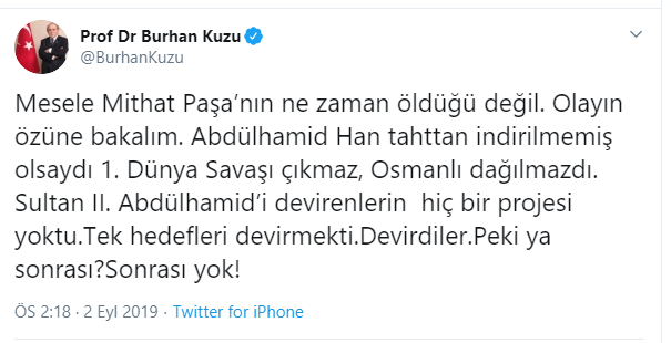 burhan kuzu nun attığı mithat paşa tweeti