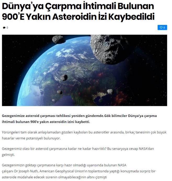 dünya ya çarpması beklenen 900 asteroid