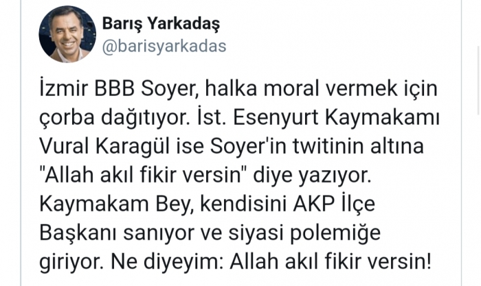 esenyurt kaymakamının tunç soyer le ilgili tweeti