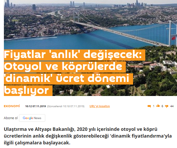otoyol ve köprülerde dinamik ücret dönemi