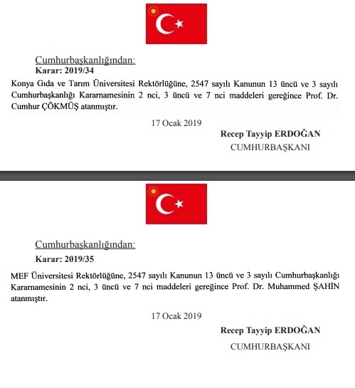 18 ocak 2019 cumhurbaşkanlığı atamaları