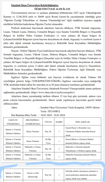 okan üniversitesi adrese teslim ilan
