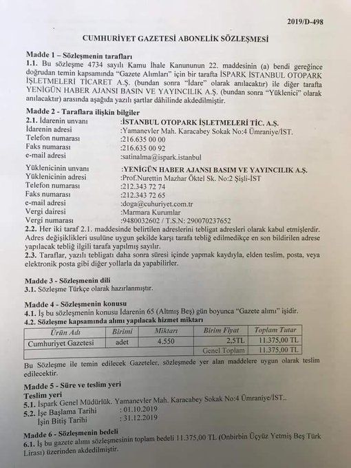 ispark ın günlük 4250 cumhuriyet gazetesi alması