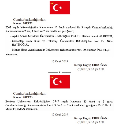 18 ocak 2019 cumhurbaşkanlığı atamaları