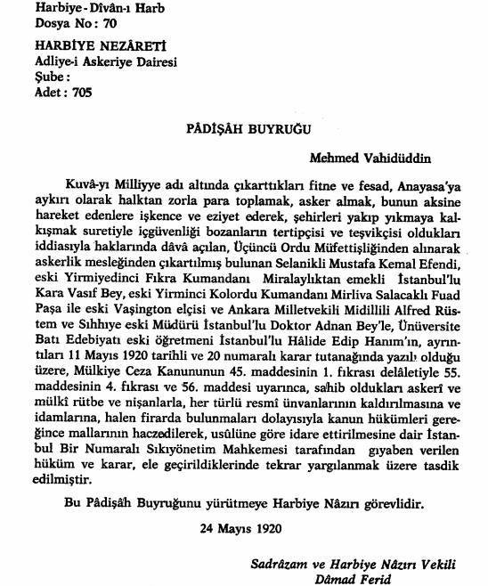 vahdeddin in atatürk için çıkardığı idam kararı