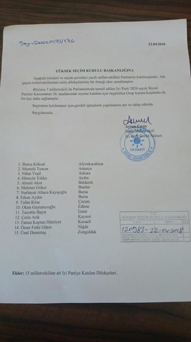 22 nisan 2018 iyi parti nin ysk ya verdiği dilekçe