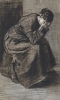 mourning woman seated on a basket