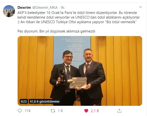 akp li belediyelerin sahte unesco ödülü alması