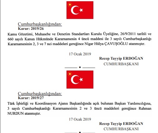 18 ocak 2019 cumhurbaşkanlığı atamaları